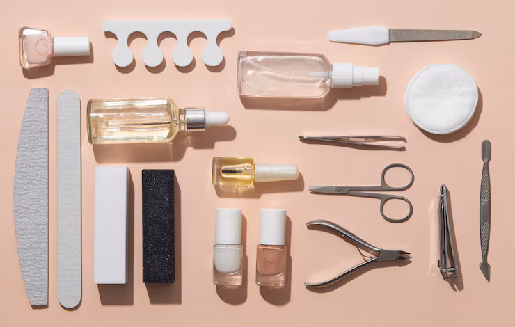 Nail care tools neatly laid out ready for a treatment