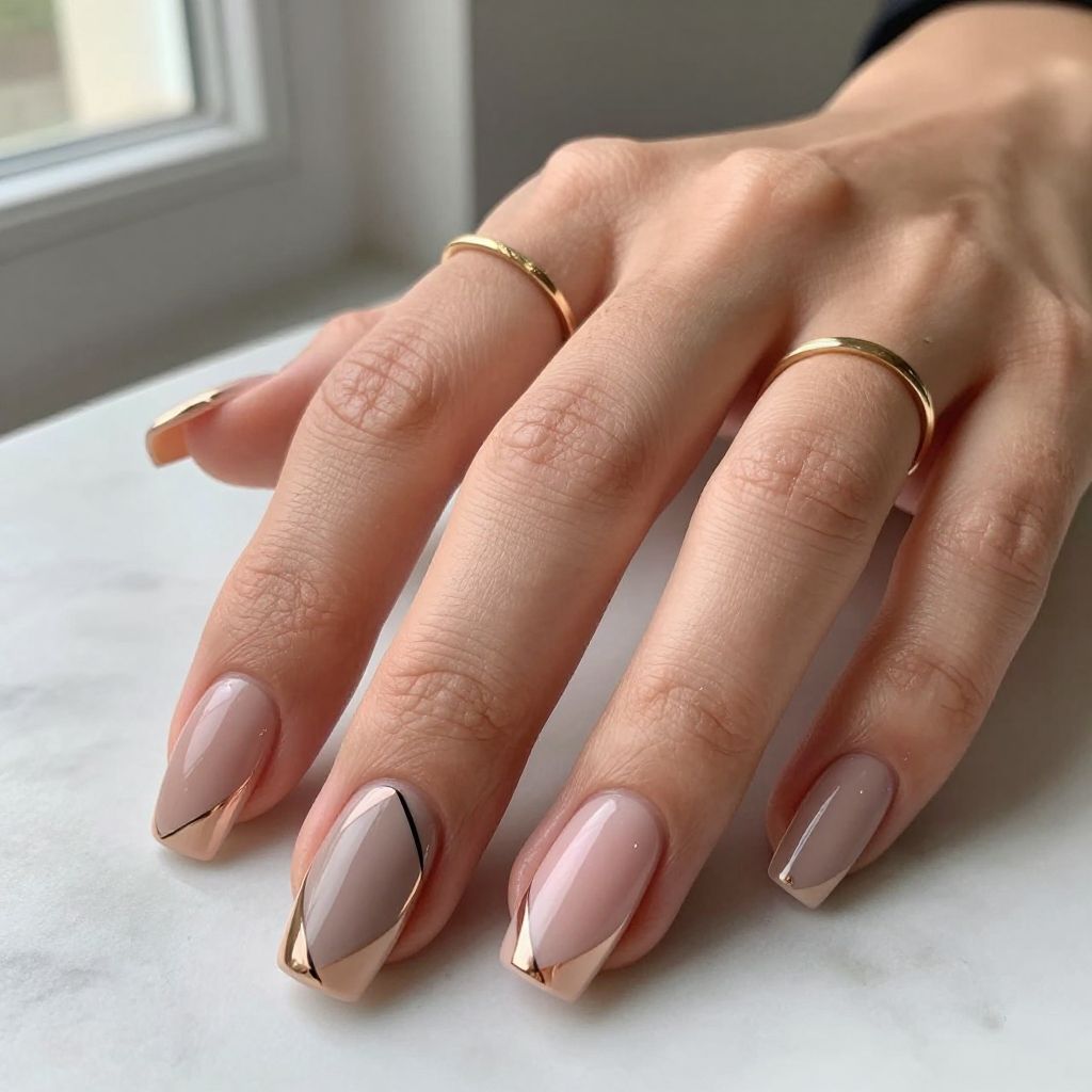 Gel manicure with nude and rose gold tones