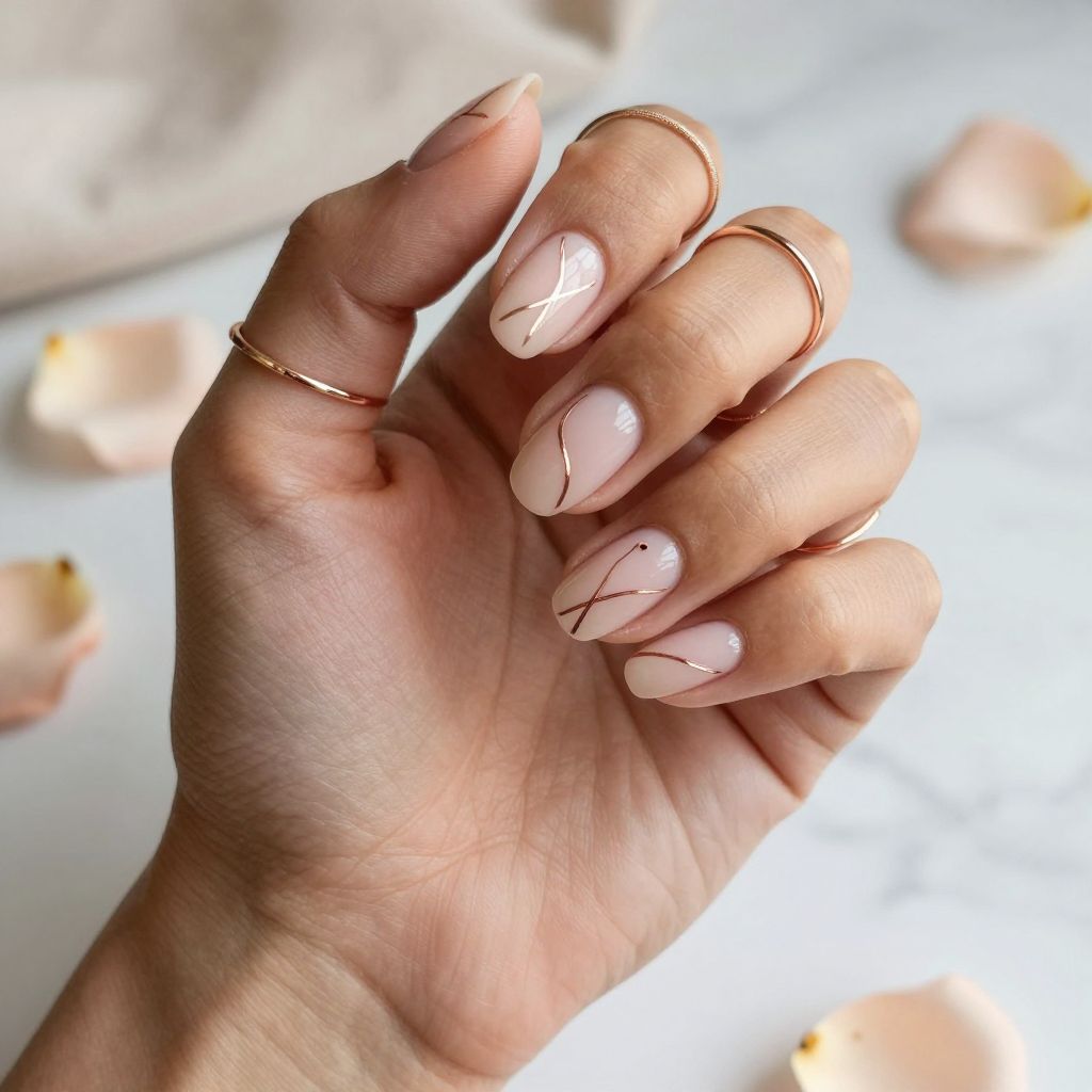 Nail art detail — rose gold and nude tones