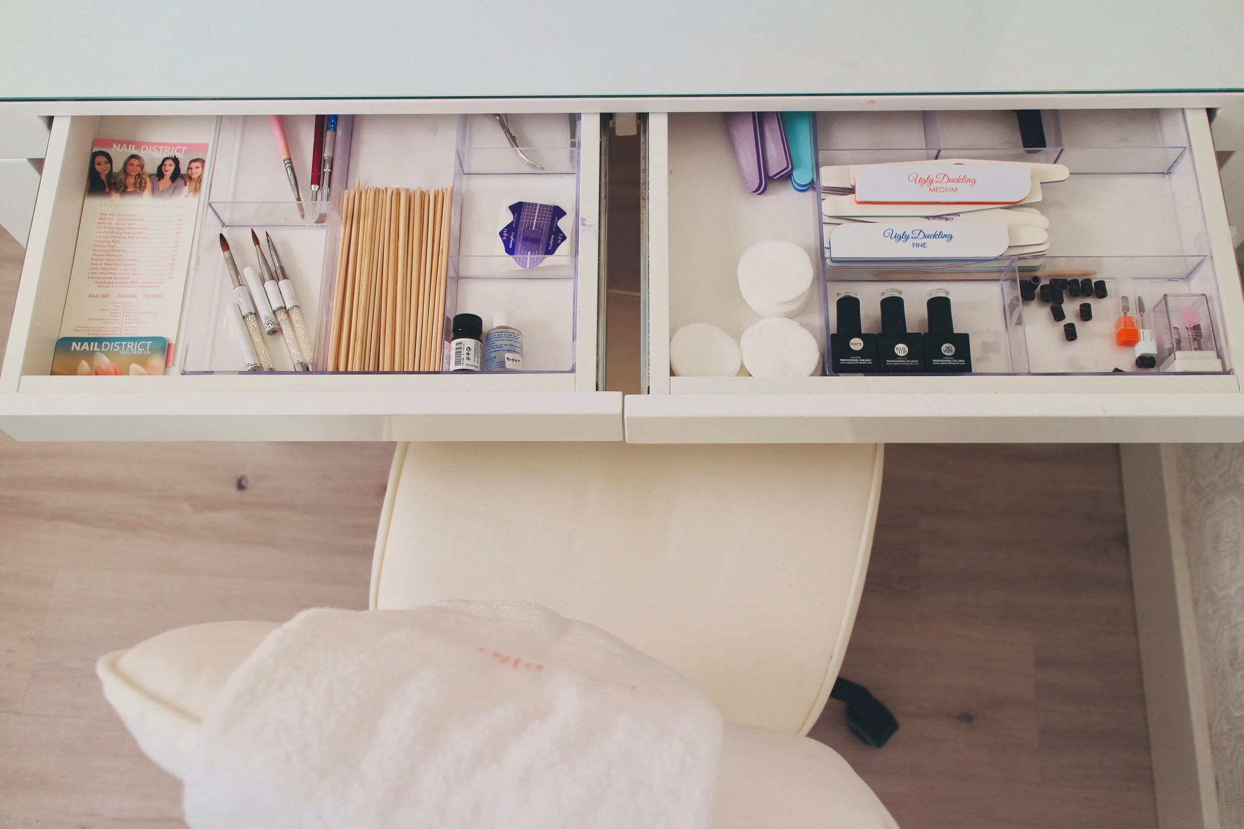 Nail tools and products arranged on the work station